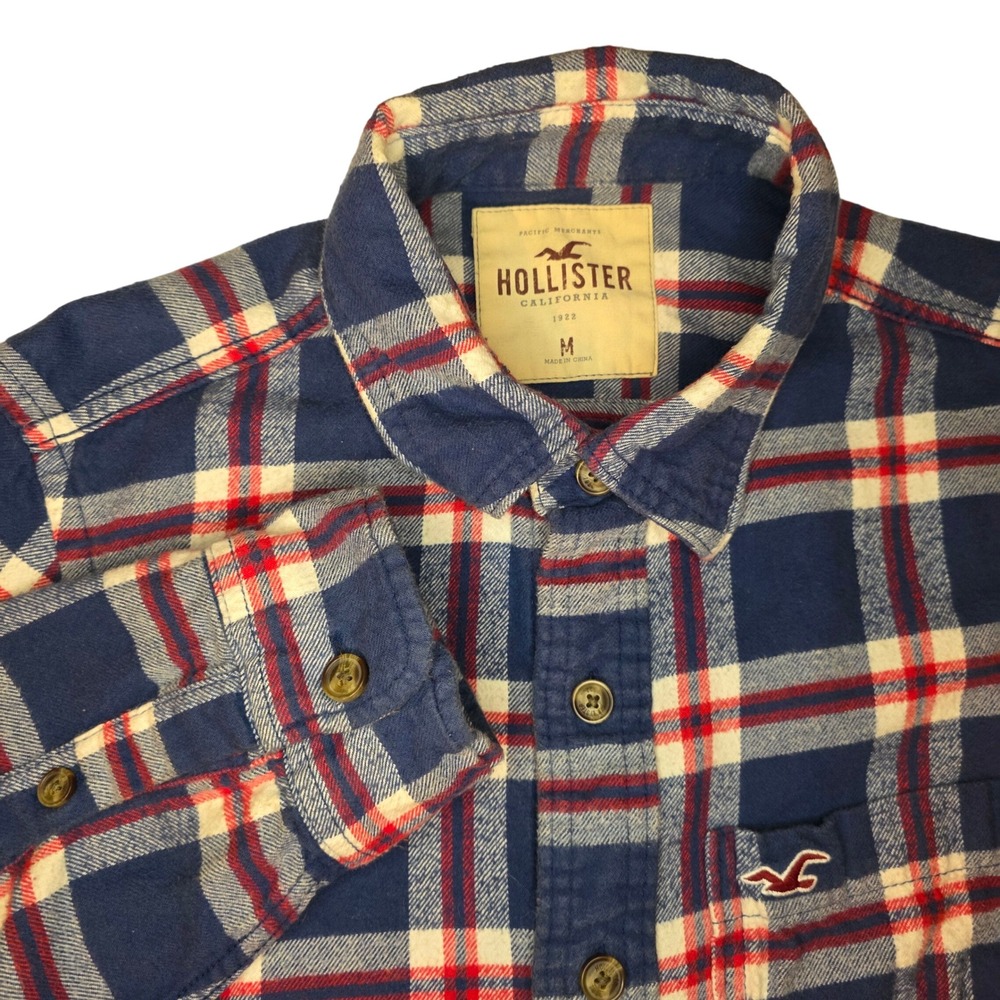 Hollister‎ Mens Medium M Blue Red White Plaid Flannel Long Sleeve Shirt Y2K Prep